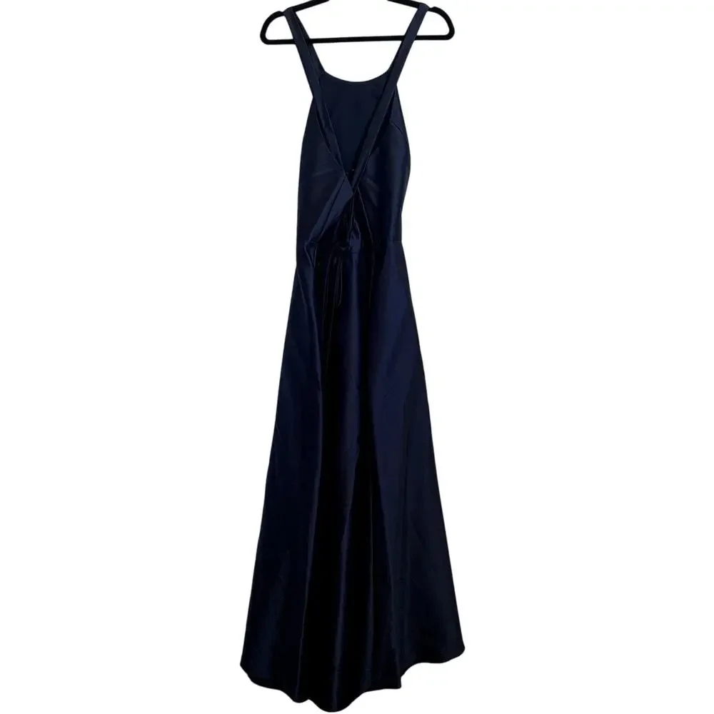 ALFRED SUNG Navy Blue Satin Dress with Lace-Up Back - Picture 3 of 11